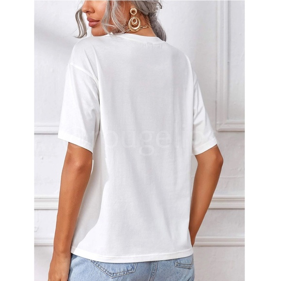 White Tee Red Embroidery Text Print Shirt Short Sleeve, Drop Shoulder Oversized - Picture 5 of 12
